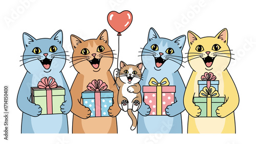Cute cats with gifts and a heart balloon: A group of charming, colorful cats beams with joy, clutching wrapped gifts and a heart-shaped balloon, celebrating friendship and festive cheer.