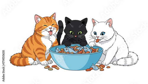Cat's Mealtime: A charming illustration depicts a delightful trio of cats eagerly gathered around a bowl of food.