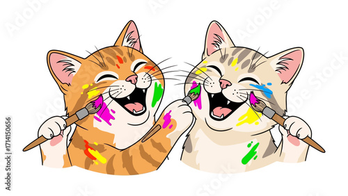 Playful Kitten Painters: Two adorable kittens, full of glee, engage in a colorful painting session, their faces and paws splashed with vibrant hues in a playful artistic display. 