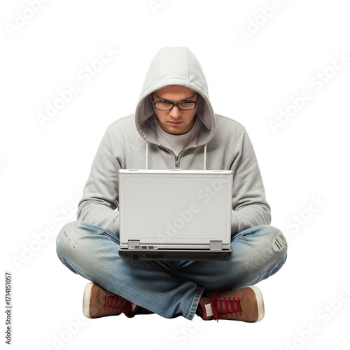 Anonymous hacker with glasses working on a laptop in the dark isolated background