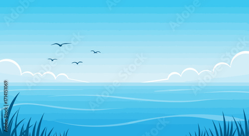 A blue seascape with clouds birds and grass at the bottom