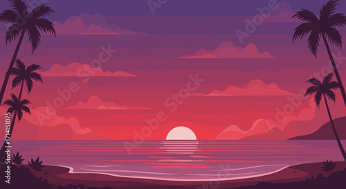 A pixel art beach scene at sunset palm trees frame a red sky water reflects sunlight