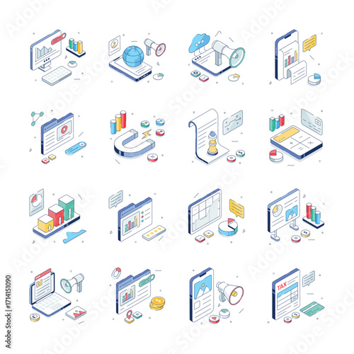 A collection of isometric illustrations depicting different business data visualization and marketing tools.