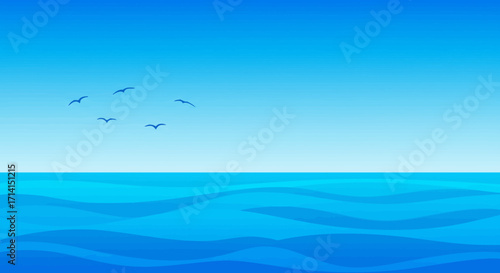 Blue sky ocean and silhouetted birds Layered water forms abstract waves