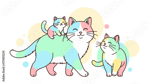 Playful Pastel Cats: A heartwarming illustration of three adorable cats, showcasing their tender companionship and colorful, whimsical presence with lighthearted affection.
