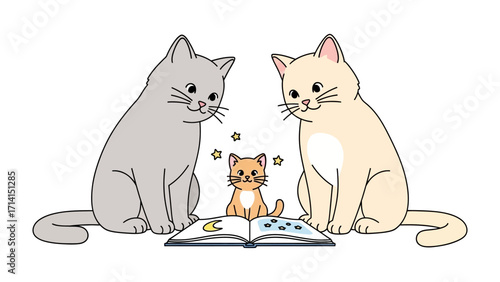 Magical Cat Family: A heartwarming cartoon illustration depicts two adult cats gazing at a kitten, who is surrounded by stars while sitting on an open book.