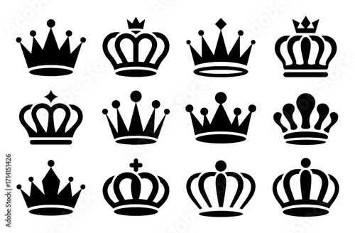 A Collection of Twelve Black Silhouette Crown Icons on a White Background