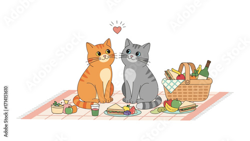 Cat Picnic Date: Two adorable cat illustrations enjoy a romantic picnic date amidst a feast of delectable treats and lush greenery, evoking a sense of playful companionship and the sweetness of love.