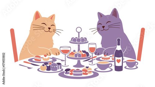 Feline Festivities: Two cheerful cats share an elegant tea party scene, surrounded by an array of delicious treats, evoking a sense of joy and companionship. 