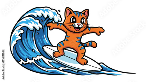 Catch the Wave: A cartoon cat masterfully surfs a giant wave with a vibrant blue ocean backdrop, encapsulating the thrill of adventure and the joy of the open sea.