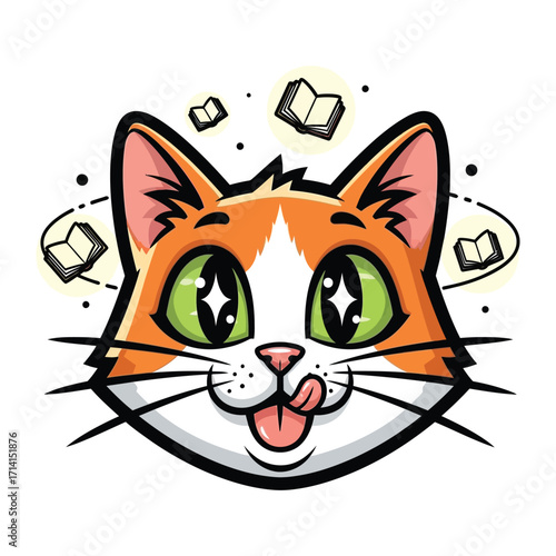 Clever Cat's Literary Dream: An illustrated cat, with bright, captivating eyes and a playful tongue, envisions literary adventures amidst floating books.