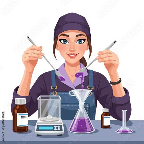 Woman carefully crafting homemade beauty products in a laboratory setting with vibrant, purple liquid