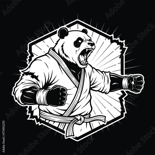 Aggressive panda martial artist in a gi, striking a powerful pose with a roar, black and white illustration.