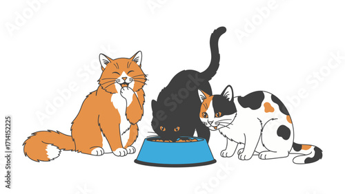 Feline Feast: Three domestic cats gather around a bowl, enthusiastically enjoying their meal. Witnessing their communal dining, the vibrant scene highlights the shared moment of the domestic feline.