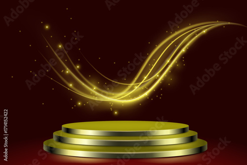 Pedestal with Golden Steps in Yellow Tones Featuring Airflow and Bokeh Light Effects. It combines warm golden hues with dynamic air currents and soft glowing bokeh for an ethereal, luminous compositio