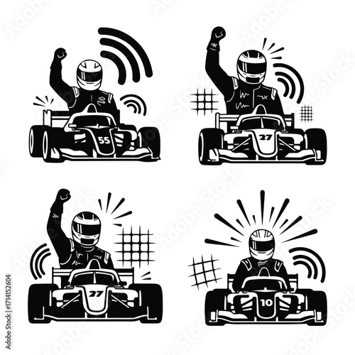 Four monochrome illustrations of racing drivers celebrating victories in go-karts.