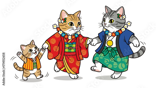 Cat Family Cultural Celebration: A heartwarming illustration of a cat family adorned in festive cultural attire, celebrating a joyful moment of togetherness and cultural pride.