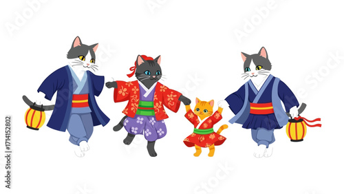 Harmony in Culture:  An illustration of a charming family of cats in traditional Japanese clothing, celebrating a cultural tradition with joy and grace.