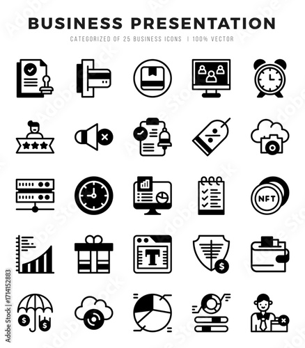 Business Presentation Icons Pack Lineal Filled Style. Vector illustration.