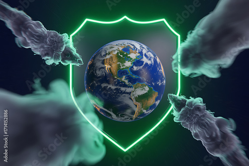 Earth shielded by neon green protection against global threats