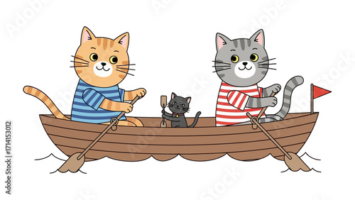 Sailing Cat Family Adventure: Adorable feline family embarking on a sea journey, each cat with a unique role in navigating their wooden rowboat.