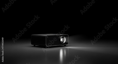 Black Modern Projector Casting Light Beam on Dark Reflective Surface, Home Theater Technology