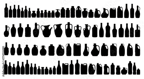 A diverse collection of black silhouette bottles and containers of various shapes and sizes arranged in rows isolated on transparent background