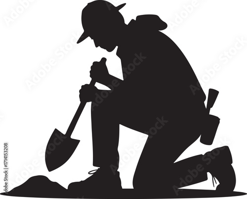  Black silhouette of a archaeologist digging on a white background, minimal vector