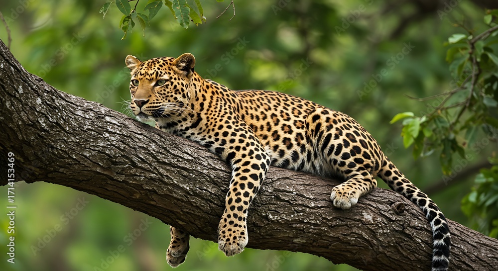 Fototapeta premium Majestic Leopard Lounging on a Thick Tree Branch Amidst Lush Green Foliage