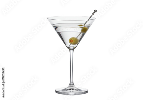 Isolated clear martini cocktail with gin and olives in elegant glass ready to be served