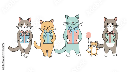 Cat Gift Celebration: Adorable cartoon cats, each holding a beautifully wrapped gift, exude charm, celebration, joy, and the spirit of giving, perfect for conveying heartwarming sentiments.
