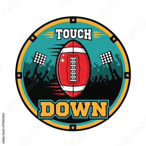A vibrant circular graphic depicting a red American football in motion, with the words "TOUCH DOWN" prominently displayed below it, set against a backdrop of cheering crowds and stadium lights.