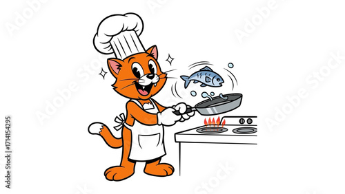 Chef Cat Cooks: A cute cat, donned in a chef's hat and apron, joyfully flips a fresh fish in a pan, bringing a whimsical and delicious scene.