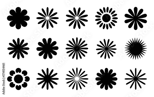 Collection of 15 Black Silhouette Flower Icons on White Background