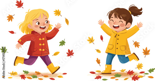 Happy children playing, autumn leaves, kids running, fall season fun, colorful foliage, childhood joy, outdoor activity, vector illustration design