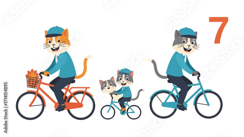 Whimsical Cat Cyclists: A charming illustration depicts a family of cats joyfully cycling on bicycles, the cheerful scene enhanced by vibrant colors and playful details. 
