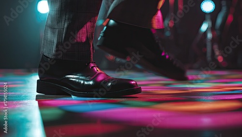 Close-up of feet dancing on a vibrant stage floor