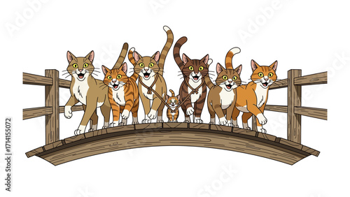 Cats Bridge Gathering: A charming illustration showcasing a playful gathering of vibrant cats gracefully posed on a wooden bridge, evoking feelings of friendship, and togetherness. 