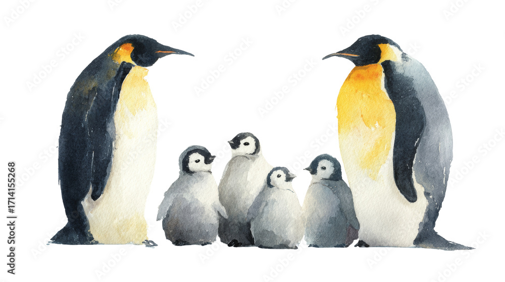 Fototapeta premium Charming watercolor illustration of a penguin family, showcasing the beauty of antarctic wildlife