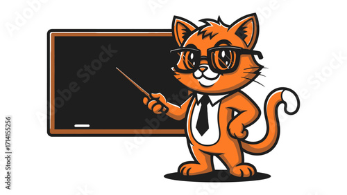 Cat Professor : An adorable illustration of a charming cat, adorned with glasses and a tie, stands proudly next to a blank chalkboard, ready to teach and inspire learning in a cute and inviting style.