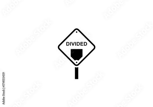 A black and white road sign with the word DIVIDED and a home plate symbol beneath it