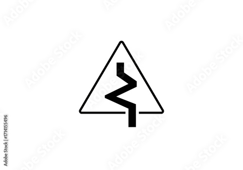 A black outline of a warning sign a triangle displaying a zigzagging line symbol within it likely indicating a winding road ahead