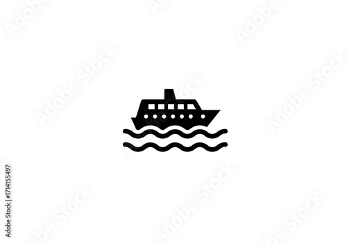 A black boat icon with a cabin on a wavy sea
