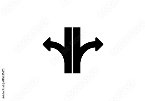 A black symbol shows a road diverging left straight and right against a white background