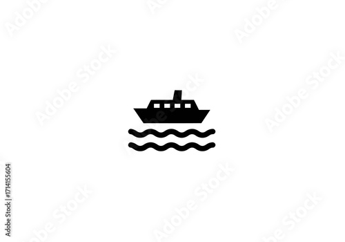A black silhouette of a boat with a small chimney floating on two wavy lines symbolizing water