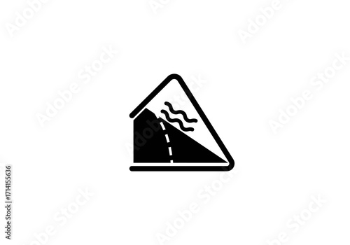 A black warning sign shows a road collapsing into waves inside a triangle