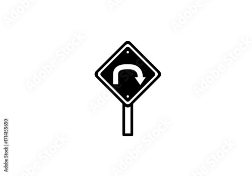 A black  white Uturn sign diamondshaped with a white curved arrow on a black background mounted on a pole