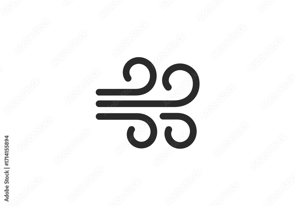Fototapeta premium A dark gray icon depicts wind featuring three horizontal lines and swirling curves at each end against a white background