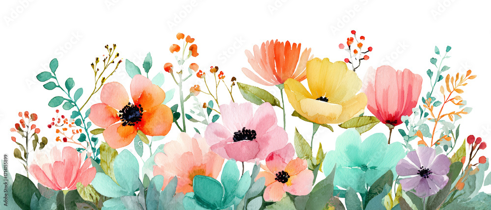 Fototapeta premium Elegant watercolor flower arrangement with vibrant blossoms and lush foliage, presented against an