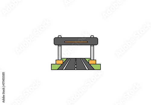 A cartoon illustration of a roadside checkpointgantry over a twolane road